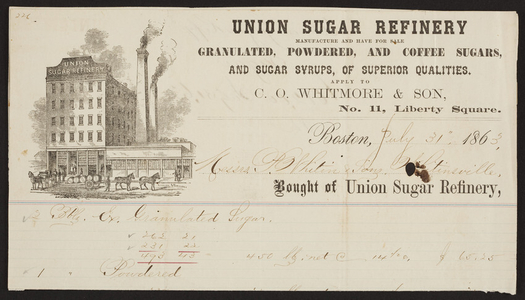 Billhead for Union Sugar Refinery, granulated, powdered and coffee sugars, C.O. Whitmore & Son, No. 11 Liberty Square, Boston, Mass., dated July 31, 1863
