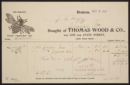 Billhead for Thomas Wood & Co., tea and coffee importer, 213 and 215 State Street, Boston, Mass., dated November 6, 1897
