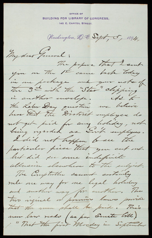 Bernard R. Green to Thomas Lincoln Casey, September 5, 1894