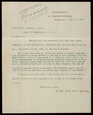 [Charles] H. Mansur to Thomas Lincoln Casey, January 28, 1895