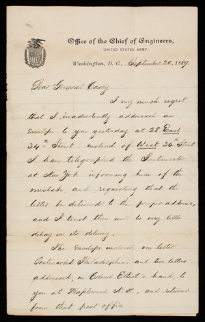 [William] J. Warren to Thomas Lincoln Casey, September 20, 1889