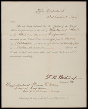 [William] W. Belknap to Thomas Lincoln Casey, September 11, 1874