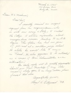 Letter from Lloyd H. Ellegaard to Massachusetts State College