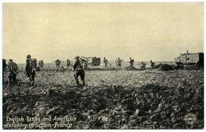 English tanks and American infantry in action, France