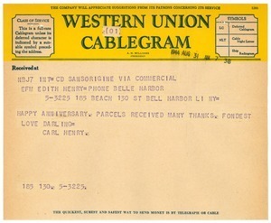 Telegram from Carl Henry to Edith Henry