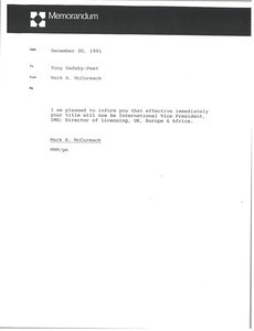 Memorandum from Mark H. McCormack to Tony Gadsby-Peet