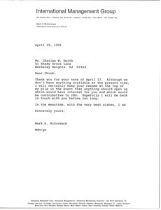 Letter from Mark H. McCormack to Burton B. Staniar Digital