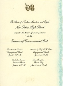 Invitation for Carolin A. Paige for the 1908 commencement week exercises at New Salem High School