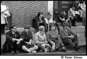 White student supporters of Umoja (Black student union) activists seated on sidewalk, during occupation of administration building, Boston University