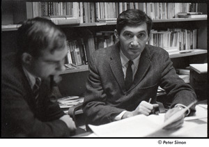 Howard Zinn: meeting with unidentified faculty member in Zinn's Boston University office