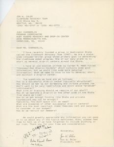 Letter from Jon W. Ihler to Judi Chamberlin