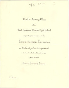 Invitation to Paul Laurence Dunbar High School commencement