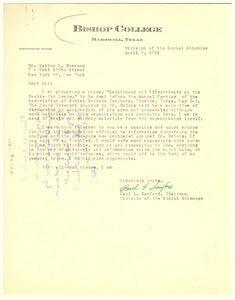 Letter from Paul L. Sanford to W. E. B. Du Bois Testimonial Dinner Committee