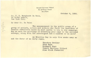 Letter from Oswald Garrison Villard to W. E. B. Du Bois