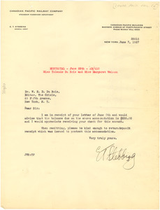 Letter from Canadian Pacific Railway Company to W. E. B. Du Bois