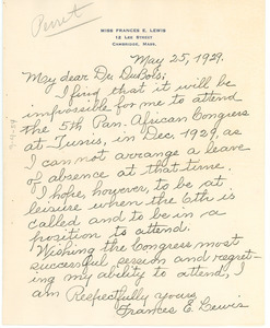 Letter from Frances E. Lewis to W. E. B. Du Bois
