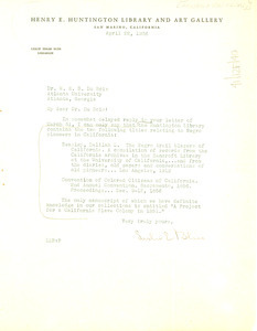 Letter from Henry E. Huntington Library and Art Gallery to W. E. B. Du Bois