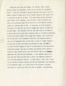 Typed trasncript of Jackie Robinson Speech at Amos Alonzo Stagg 100th Birthday Celebrations, August 12, 1962