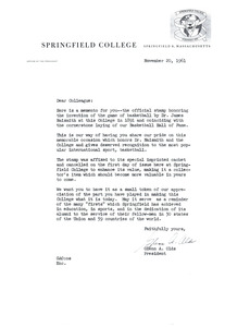 Basketball centennial stamp first day issue and cover letter from Dr. Glenn Olds to his colleagues at Springfield College