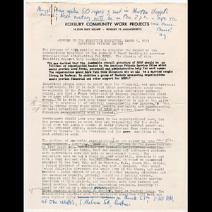 Minutes from RCWP executive committee meeting concerning organizational alternatives held March 9, 1961, with notes