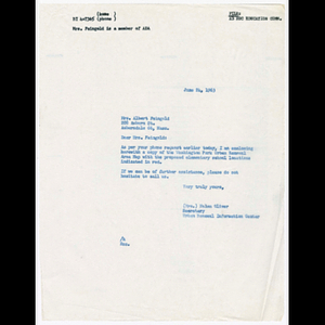 Letter from Mrs. Helen Oliver to Mrs. Albert Feingold about sending a copy of Washington Park urban renewal area map with proposed elementary school locations marked and note to Mrs. Ratson about extending an invitation to Education Committee of the National Association for the Advancement of Colored People (NAACP)