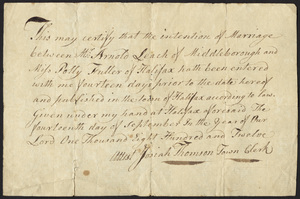 Marriage Intention of Arnold Leach of Middleborough, Massachusetts and Polly Fuller, 1812