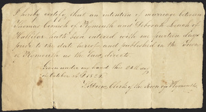 Marriage Intention of Thomas Cornish of Plympton, Massachusetts and Deborah Lynch, 1826