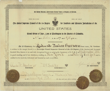 33° certificate issued by the United Supreme Council to Richard Theodore Greener, 1896 September 8