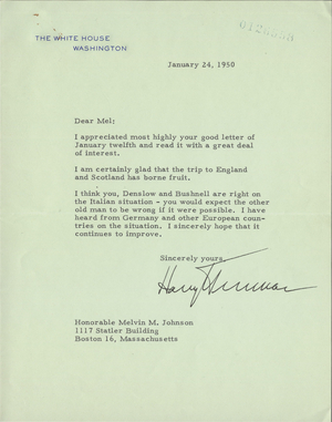 Letter from President Harry S. Truman to Melvin M. Johnson, 1950 January 24