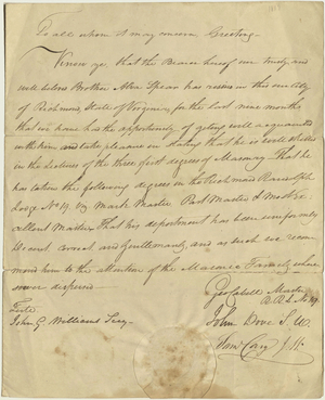 Masonic letter of recommendation for Alva Spear of Richmond, Virginia, 1819 December 1