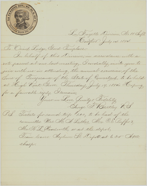 Letter from La Fayette Division, No. 88, to Orient Lodge, 1884 July 14