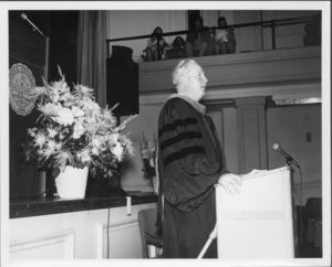 Former Boston Mayor John Collins speaking at the 1973 Suffolk University commencement