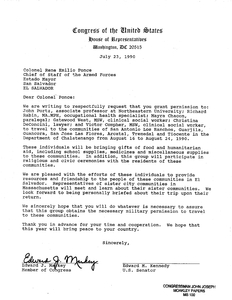 Letter from John Joseph Moakley and other members of Congress to Salvadoran Colonel Rene Emilio Ponce, Chief of Staff of the Armed Forces, requesting permission for individuals to bring food and humanitarian aid to Salvadoran cities in need, 23 July 1990