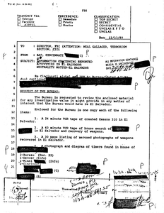 Memorandum to the Federal Bureau of Investigation (FBI) director from Cincinnati division's Special Agent in Charge regarding request for Bureau to review materials related to El Salvador, 13 December 1989