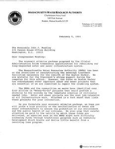 Letter from the Massachusetts Water Resources Authority (MWRA) to John Joseph Moakley regarding the restructuring of sewerage treatment facilities and the Boston harbor clean up, including "MWRA Ready-To-Go" information sheets, 5 February 1993