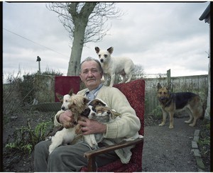 Joe Ritchie, Ardglass, Co. Down. Pictured with a fox and some of the many dogs and cats that occupy his home