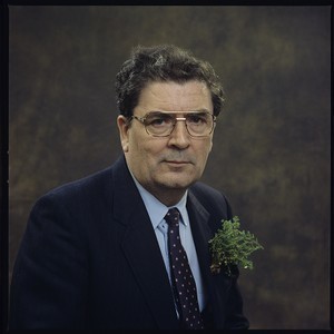 John Hume, leader of the SDLP. Portraits with shamrock on his jacket