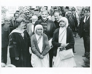 Monan, J. Donald at Harvard commencement receiving honorary degree with Mother Theresa and President Derek Bok