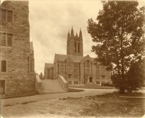 Gasson Hall exterior: Devlin Hall steps in foreground, by Clifton Church