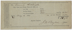 Edward Hitchcock receipt of payment to the town of Amherst, 1850