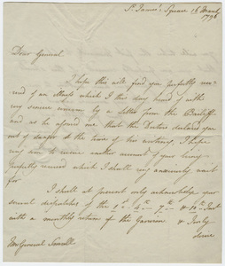 Jeffery Amherst letter to Major General John Small, 1796 March 16