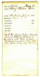 Tewksbury Almshouse Intake Record: Mahar, Mary