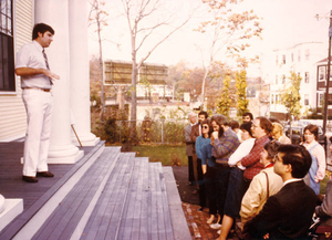 Charlie Vasiliades dedicating Oak Square School condominium in 1984