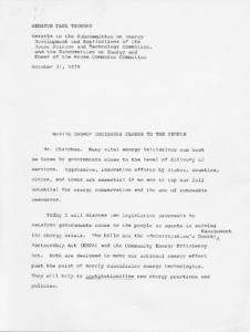 Remarks to the Subcommittee on Energy Development and Applications of the House Science and Technology Committee, and the Subcommittee on Energy and Power of the House Commerce Committee