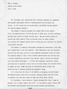 Paul E. Tsongas speech to the Senate regarding the undermining of community and economic development efforts