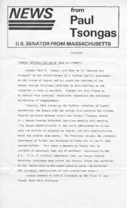 News from Paul Tsongas: Tsongas Deplores Action of Turkish Cypriots