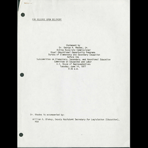 Statement by Dr. George R. Rhodes, Jr. Acting associate commissioner, equal educational opportunity programs, Bureau of Elementary and Secondary Education before the subcommittee on elementary, secondary, and vocational education committee on education and labor, U.S. House of Representatives.