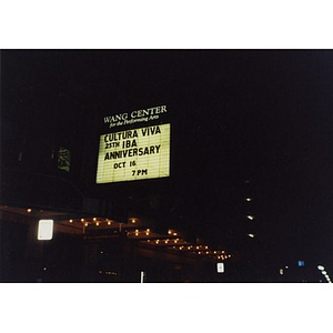 Wang Center sign at night advertising Cultura Viva.