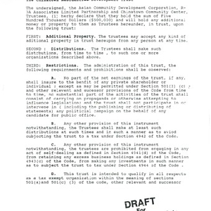 Draft copy of a legal document prepared for a community information session regarding the Chinatown Housing Development Trust