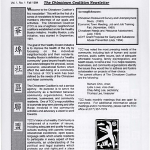 Chinatown Coalition Newsletter, providing a brief overview of community meetings, programs, and events